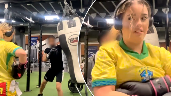 Fitness center creep interrupts lady’s boxing exercise  