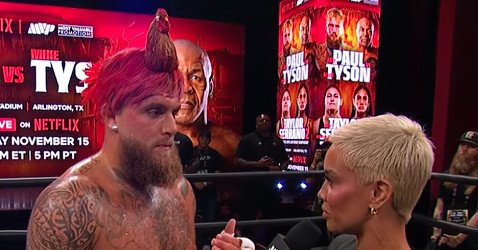 Video: Jake Paul rips shirt, has rooster’s hair at Paul vs. Tyson open exercises