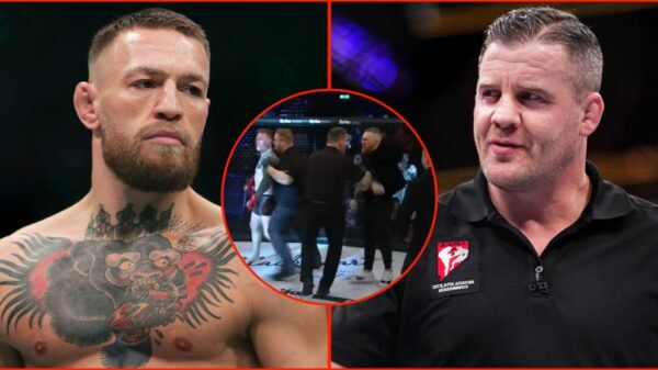 Conor McGregor tried to battle referee Marc Goddard after storming the cage following teammate’s buzzer-beating KO