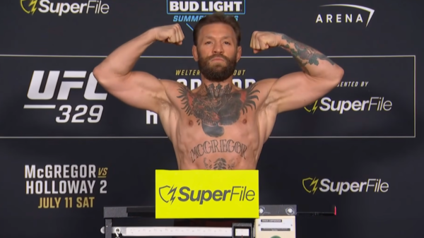 Conor McGregor bigger than ever as he weighs in for Max Holloway rematch at UFC 329