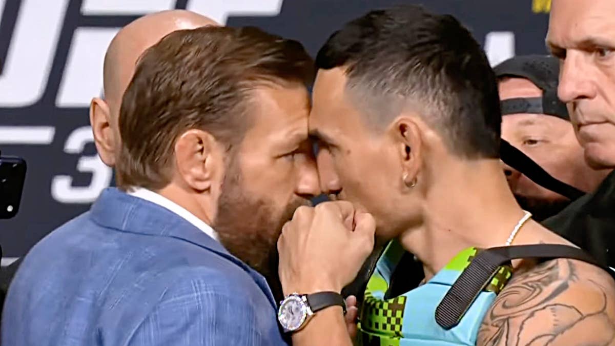 Conor McGregor and Max Holloway restrained at first UFC 329 face-offs